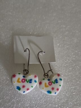 Hand Crafted White Heart 'LOVE' Dangle Earrings with Colorful Spots